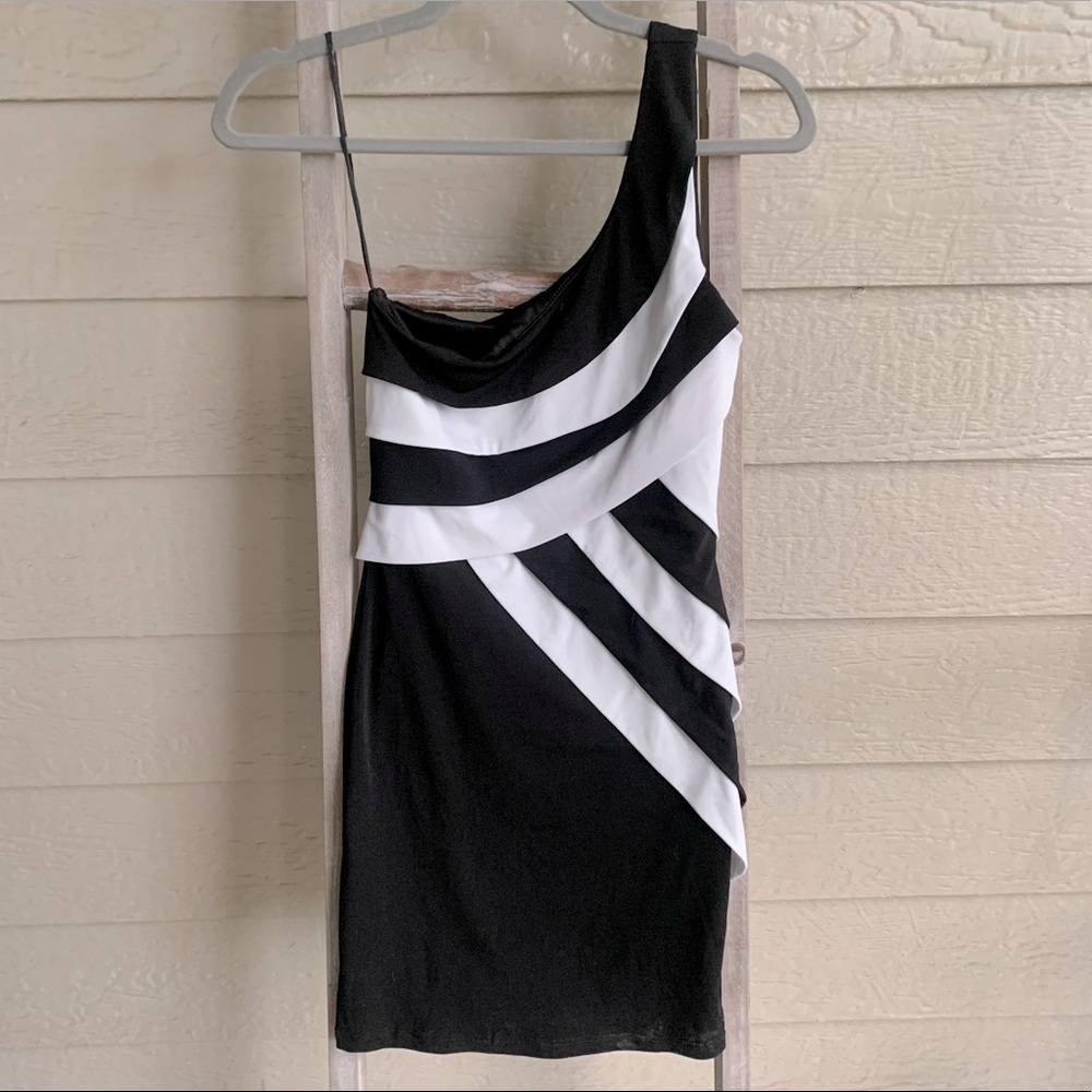 Black and white one shoulder cocktail dress